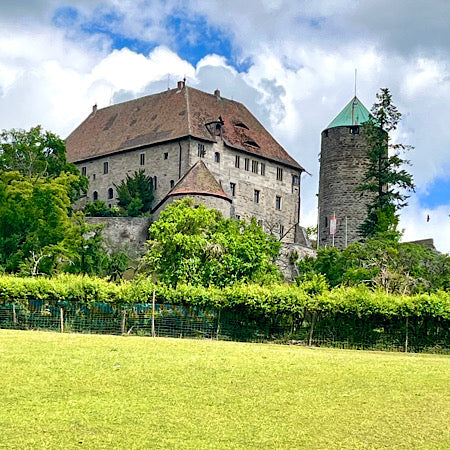 Colmberg Castle on a bright summer day surrounded by green hills