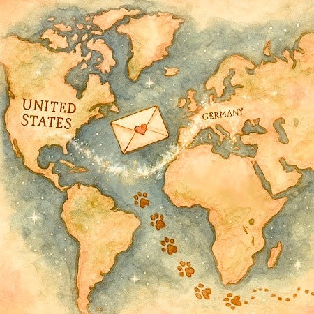 World map with a heart-shaped envelope and paw prints, labeled 'United States' and 'Germany'.