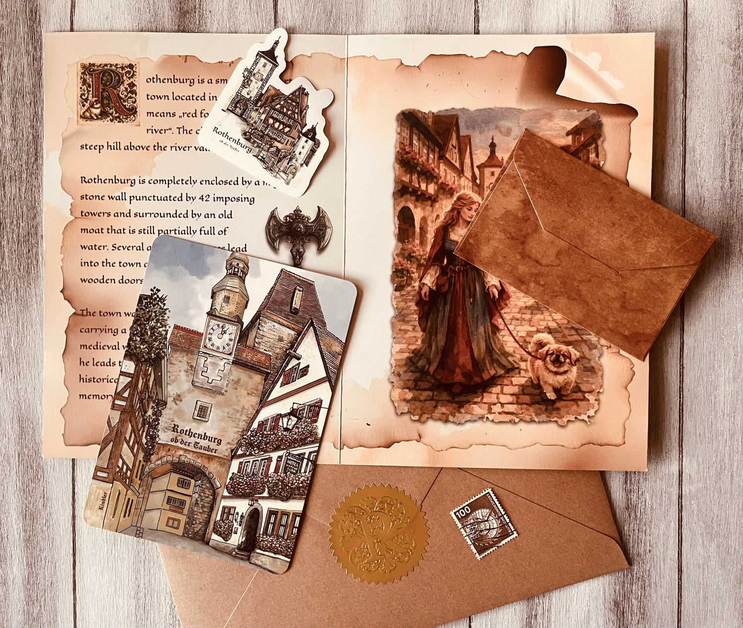 Vintage-style letter with illustrations and text on a wooden surface